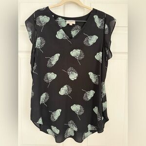 LOFT women’s Black Top with Green Leaf Pattern L